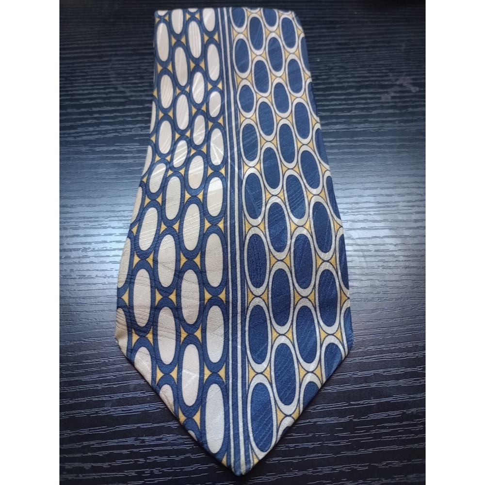 Geoffrey Beene Vintage Silk Necktie‎ Italy Blue Tan Geometric Mod Retro Wide Tie